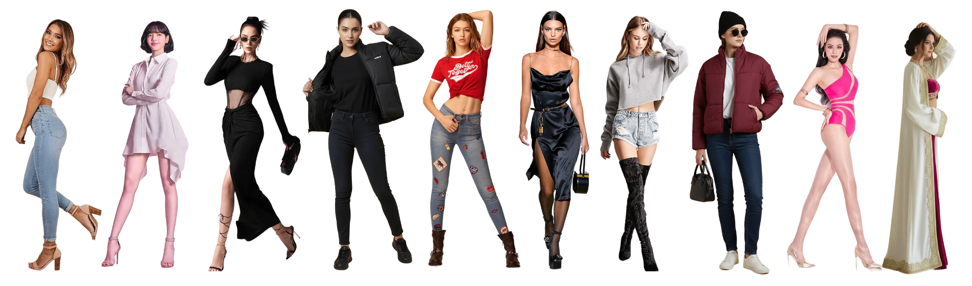 Diverse fashion models in stylish modern outfits